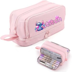 Trousse Scolaire Double Compartiment Stitch Rose Fleurie – Rangement XL et Tendance