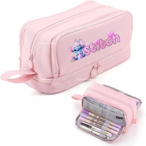 Trousse Scolaire Double Compartiment Stitch Rose Gourmand – Grande Capacité et Ultra-Organisée