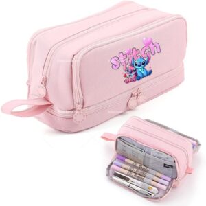 Trousse Scolaire Double Compartiment Stitch et Angel Rose – Grande Capacité et Tendance
