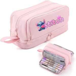 Trousse Scolaire Double Compartiment Stitch Rose Romantique – Grand Format et Organisation XL