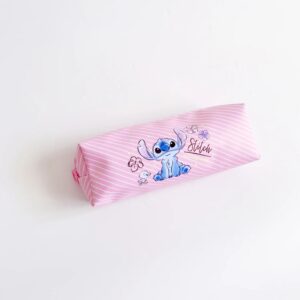 Trousse Scolaire Slim Rose à Rayures avec l'Adorable Stitch et Fleurs Pastel