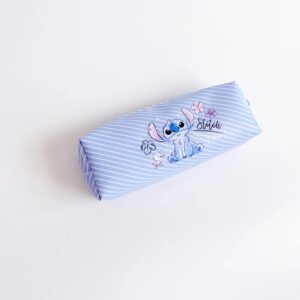 Trousse Scolaire Slim Bleu Pastel à Rayures avec l'Adorable Stitch et Fleurs